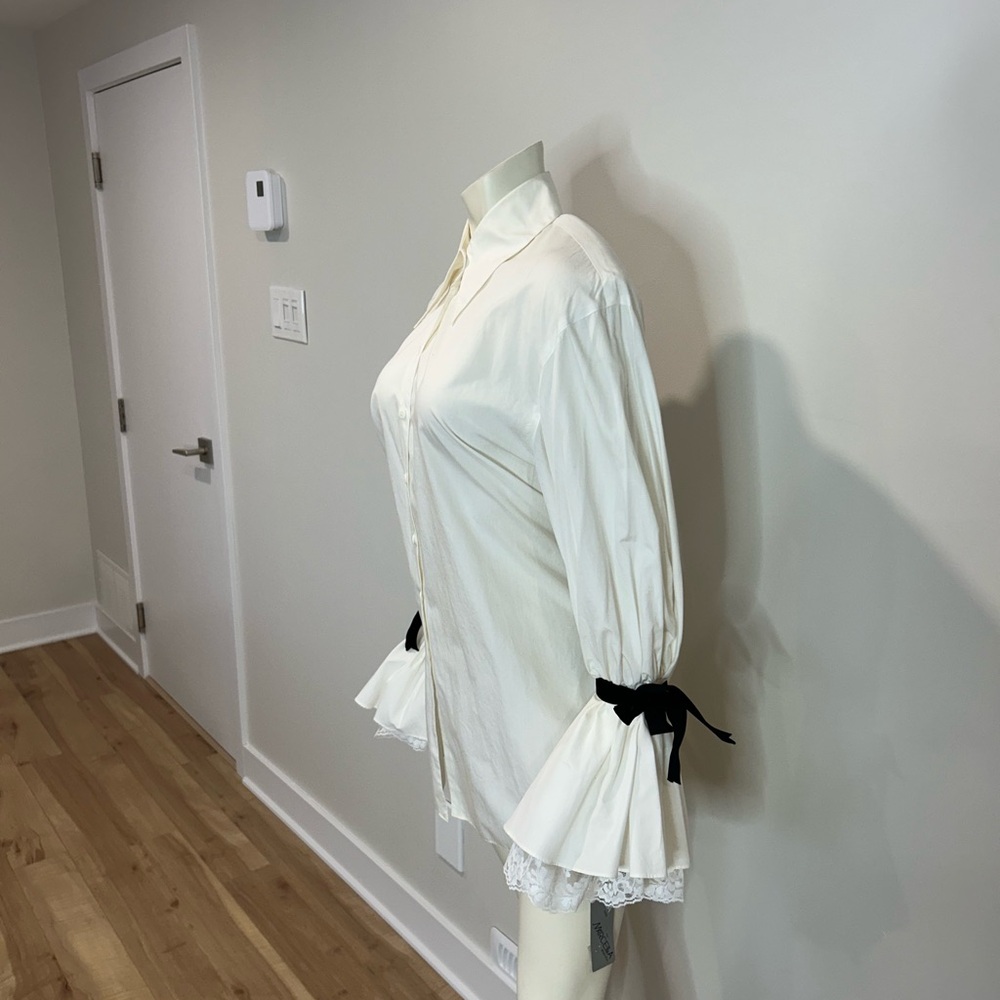 Elegant White Button Down Shirt with Black bow by Marcella NY❤️4 - Picture 7 of 14